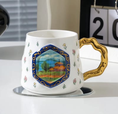 Porseleinen Design Mok 'Zomerhuisje' - Met Deksel & Lepel - 390ml - Kop - Geschenk