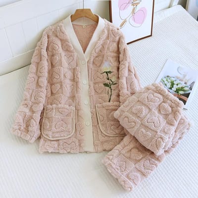 Geborduurde Bloem Pyjama V-hals Slaapset Dames Winter Dikke Flanellen Huispak met Zak Warm Koraal Fleece Nachtkleding L roze