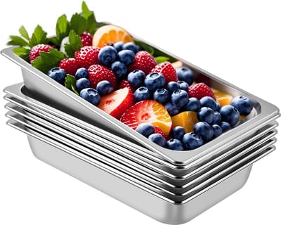 VEVOR Roestvrijstalen Containers, 6 Stuks, Voedselcontainers, Anti-Aanbakplaat, 53 X 32,5 X 10 Cm, CommerciëLe Warmhoudcontainer voor Gerechten, Taarten, Ovenschotels, Hotelpan, Tafel, Food