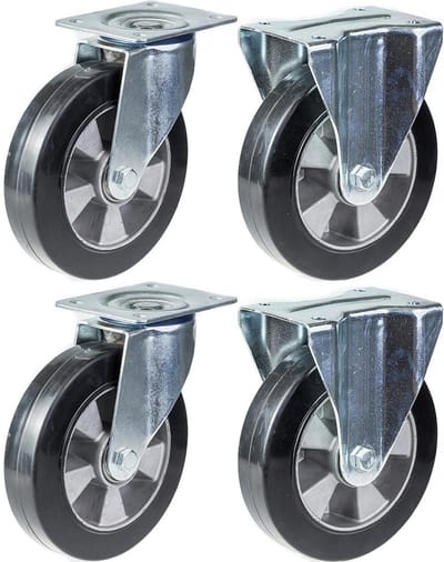 152 mm (6 inch) zwenk- en vaste zwenkwielen van zwart rubber, zeer stevig, draagvermogen 1320 kg, set van 4
