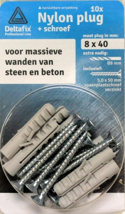 Deltafix nylon plug / met spaanplaatschroef grijs 8 x 40 mm 10 st.