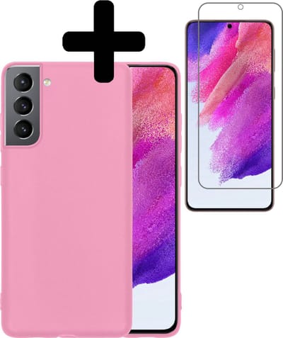 Hoesje - Met Screenprotector - Geschikt voor Samsung Galaxy S21 FE - Sterk & Shockproof - Back Cover - Siliconen Case - Telefoon Hoes - Telefoonhoesjes - Lichtroze