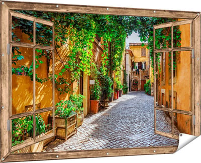 Gards Tuinposter Doorkijk Straatje in Rome met Groene Planten - 180x120 cm - Tuindoek - Tuindecoratie - Wanddecoratie buiten - Tuinschilderij