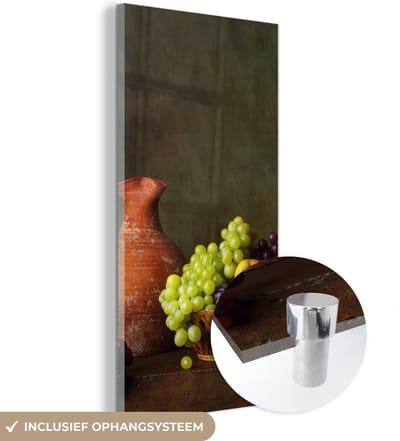 MuchoWow® Glasschilderij 60x120 cm - Schilderij acrylglas - Rustiek - Fruit - Kan - Mand - Stilleven - Foto op glas - Schilderijen