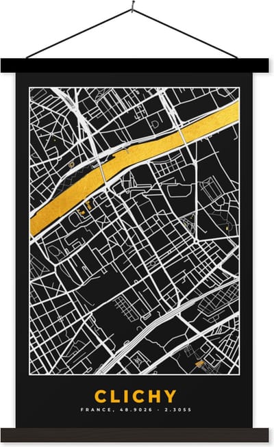 Posterhanger incl. Poster 40x60 cm - Schoolplaat - Stadskaart – Plattegrond – Clichy - Kaart – Frankrijk - Textielposter - Zwarte latten - Stadskaart