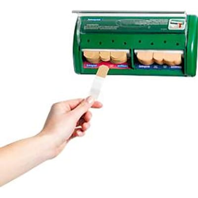 Salvequick® pleisterdispenser, navulbaar, incl. 45 waterafstotende & 40 elastische pleisterstrips, B 230 x D 55 x H 120 mm, kunststof, groen