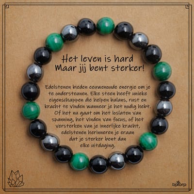 Bixorp Malachiet + Onyx + Hematiet Armband op Cadeau Kaartje - Het leven is hard, maar jij bent sterker! - 8mm / 18cm Edelsteen Kralenarmband - Inclusief Cadeau Envelop
