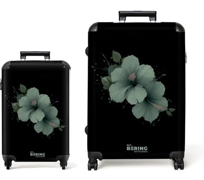 NoBoringSuitcases.com® - Kofferset 2 delig - Koffer lichtgewicht - Zwart met groene hibiscusbloem - Reiskoffer set met 4 wielen - Handbagage trolley - Middelgrote rolkoffer - Ruimbagage koffer - Koffers met TSA slot