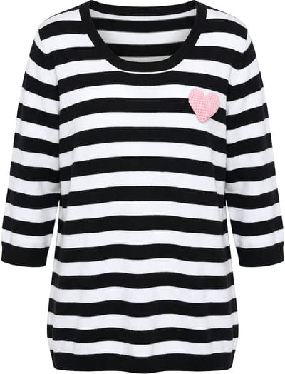 MIAMODA - Dames - Gebreid shirt Comfort Fit strepen afneembare hart-broche - Zwart - Maat 42