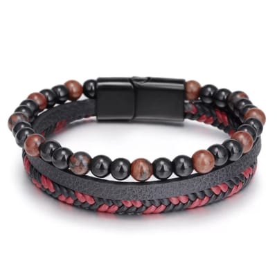 Leerella Armband dames en heren – dubbel snoer – zwart gevlochten leer rond - Bruin zwart steen - kralen - Leerella -zwart RVS sluiting - Model O - Valentijnsdag - Verjaardag - Cadeautjes