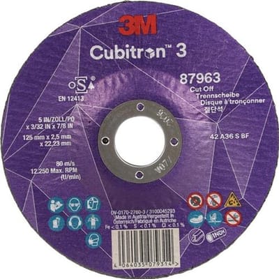 Trennscheibe Cubitron™ 3 D125x2,5mm gekr.3M™ Cubitron™ 3 Bohr.22,23mm 3M in het Nederlands is Doorslijpschijf Cubitron™ 3 D125x2,5mm gekr.3M™ Cubitron™ 3 Boring 22,23mm 3M
