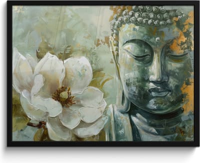 Poster in lijst - Fotolijst 80x60 cm - Posters - Boeddha - Groen - Lotusbloem - Wit - Posterlijst zwart - Decoratie - Wanddecoratie woonkamer - Muurdecoratie slaapkamer