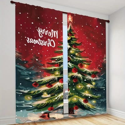 3D 2 Stuks Kerst Rendier Bel Dennetak Patronen Gordijnen Tunnelzoommontage Digitaal Geprint Polyester voor Woonkamer Keuken 100W130H(CM)&Grommet Top brown