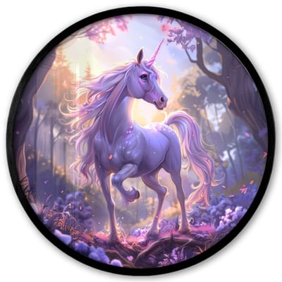 Poster in lijst Rond - Fotolijst 40x40 cm - Posters - Eenhoorn - Paars - Sprookje - Fantasy dier - Ronde posterlijst zwart - Decoratie - Wanddecoratie woonkamer - Muurdecoratie slaapkamer