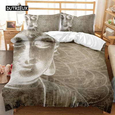 Boeddha Dekbedovertrek Set Kingsize Gouden Mandala Thema van Aziatische Cultuur Beddengoedset Microvezel Exotische Retro Stijl Dekbedovertrek US Twin(172x218cm)