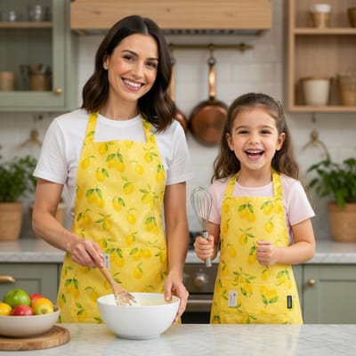 Schorten Set Moeder en Kind - Mini & Me Keukenschorten -Volwassen + Kinder Schort - Citroen - Lemon