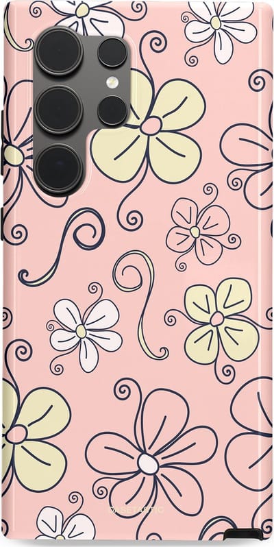 Casetastic hoesje geschikt voor Samsung Galaxy S24 Ultra - Dubbellaagse bescherming - Pastel Perzik Doodle Peach Bloemen - Fashion Case - Zand Zilver Lichtroze