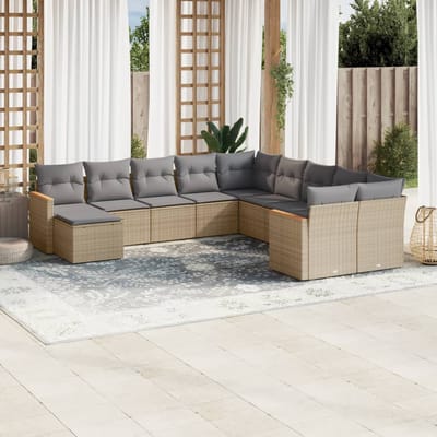 vidaXL - 11-delige - Loungeset - met - kussens - poly - rattan - gemengd - beige