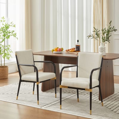 MODENUIT Eetkamerstoel – Scandinavisch Design – Set van 2 – Met Armleuningen & Verstelbare Voetjes – Stof Beige