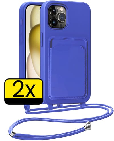 Hoesje Geschikt voor iPhone 14 Pro Telefoonhoesje Met Koord Case Pashouder Siliconen - Hoes Geschikt voor iPhone 14 Pro Hoesje Met Kaarthouder - Felblauw - 2 Stuks