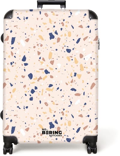 NoBoringSuitcases.com® - Koffer groot - Reiskoffer lichtgewicht - Terrazzo patroon veelkleurig blauw - Rolkoffer met 4 wielen - Grote trolley XL - 98 liter bagage