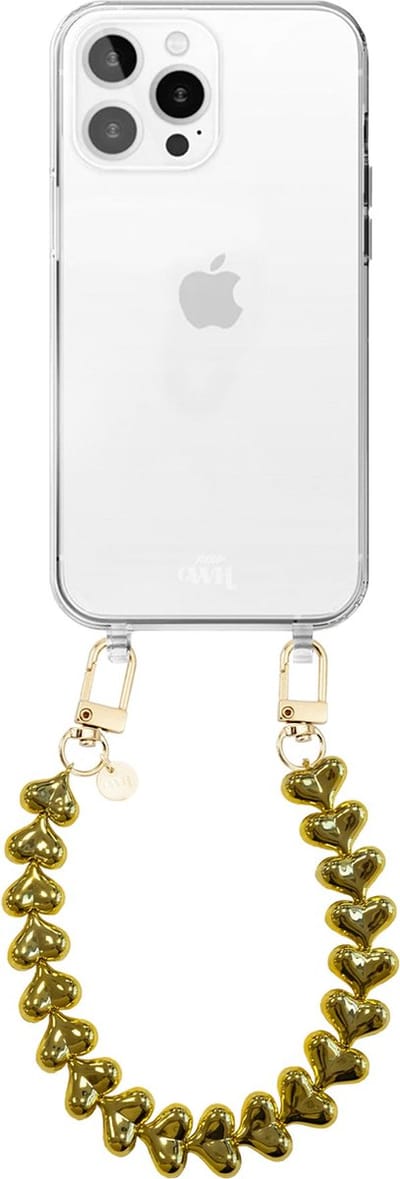 xoxo Wildhearts siliconen hoesje geschikt voor iPhone 16 Pro Max hoesje - Funky Hearts - Telefoonhoesje - Hoesje met koord - Goud koord - kort telefoonkoord - Hartjes ketting - Transparant hoesje