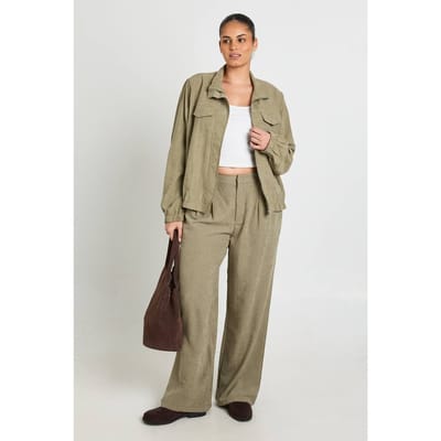 boohoo Dames Plus Geperste Wijde Pantalon Met Plooien | Kaki | Maat: 44