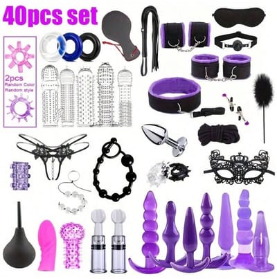 Oneay BDSM Bondage Set 40-delig – Complete SM Set met Handboeien, Blinddoek, Zweep, Tepelklemmen & Buttplugs – PU Leer – Bondage Speeltjes voor Koppels, Beginners & Rollenspel - Paars