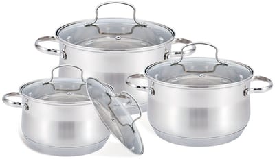 Maestro MR-3512-6M Pannenset - 6-delig - Hoogwaardig Roestvrij Staal (RVS) - Inclusief Glasdeksels - 2.1L, 2.9L & 3.9L - Inductie & Alle Warmtebronnen - Zilver