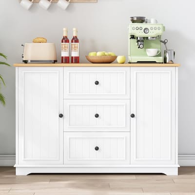 MODFU - Sideboard - 3 Laden En Verstelbare Planken - Modern Scandinavisch - Voor Keuken En Eetkamer - MDF - Wit - 126 x 40 x 86 cm