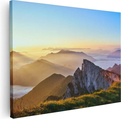 Artaza Canvas Schilderij Bergen - 80x60 cm - Wanddecoratie Zonsondergang - Muurdecoratie Natuur - Schilderijen Op Canvas Landschap
