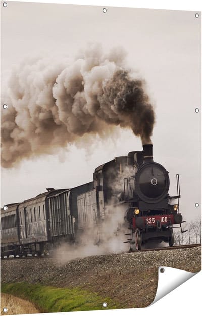 Gards Tuinposter Locomotief Trein met Rook Wolken - 90x120 cm - Tuindoek - Tuindecoratie - Wanddecoratie buiten - Tuinschilderij