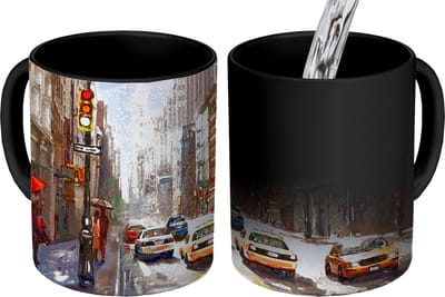 Magische Mok - Foto op Warmte Mokken - Koffiemok - Schilderij - Stad - Auto - Olieverf - Magic Mok - Beker - 350 ML - Theemok