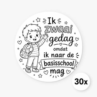 Ik zwaai gedag omdat ik naar de basisschool mag | 30 Traktatiestickers | JM Woods | 5x5 cm | Afscheid peuterspeelzaal Opvang Kinderopvang | 4 jaar | Basisschool