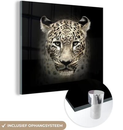 MuchoWow® Glasschilderij 50x50 cm - Schilderij acrylglas - Luipaard - Zwart - Dieren - Foto op glas - Schilderijen