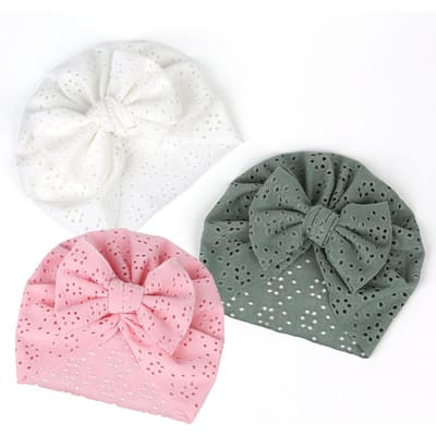 3-pack Ademende Baby Caps Collectie Katoen Pasgeboren Zonbescherming Muts Inclusief Strikken Effen Kleur Wit Roze Groen Hypoallergeen white