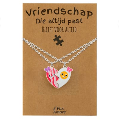 BFF Ketting voor 2 'Vriendschap die altijd past' - Magnetisch Hartje Bacon & Ei - Vriendschapsketting op Cadeau Kaartje - 45cm + 5cm verstelbaar - Zilverkleurig - Best Friends Hanger - Pax Amare