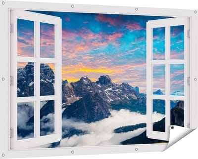 Gards Tuinposter Doorkijk Bergen Landschap met Wolken in Italië - 150x100 cm - Tuindoek - Tuindecoratie - Wanddecoratie buiten - Tuinschilderij