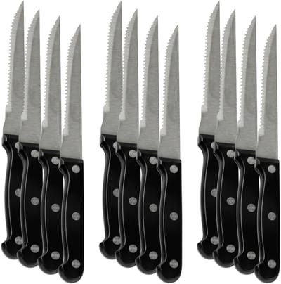 Urban Living Steakmessen - 12x - kartelrand - RVS - zwart handvat - 28 cm - scherpe messen