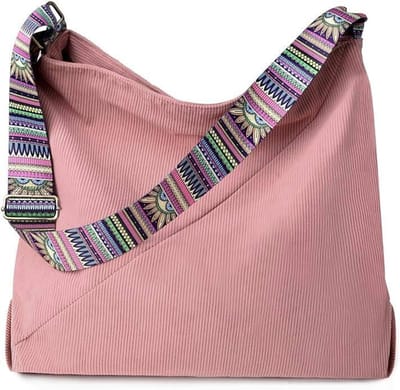 Grote corduroy schoudertas voor dames, handtas, boodschappentas, geschikt voor universiteit, werk, school en andere gelegenheden, roze.