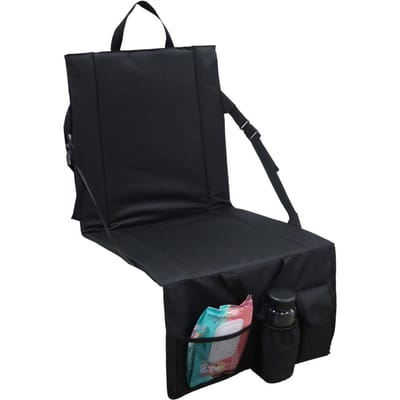 Siège de stade pliable Coussin de soutien lombaire de camping Siège avec sac de rangement Porte-gobelet Portable Extérieur Imperméable noir