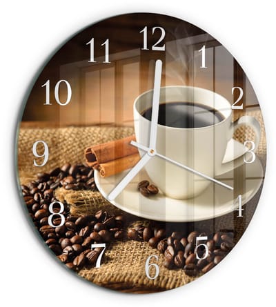 Tulup Wandklok - Koffie Wandklok Glas Met Motief - 30fi cm - Bruin Decoratieve Glazen Klok - Witte Handen - Ronde Wandklok - Wandklok Glas Decoratie - Gekleurde Glazen Klok