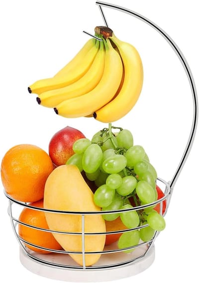 Fruitmand Met Hanger - Bananenhouder Fruit - Keuken Opbergen - Unieke Marmeren Basis - 85 gram - Chroom