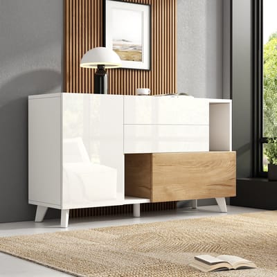 Dressoir - 140x40x80 cm - Hoogglans met Opbergruimte - Modern voor de Woonkamer - Hout - Wit en Houtkleur