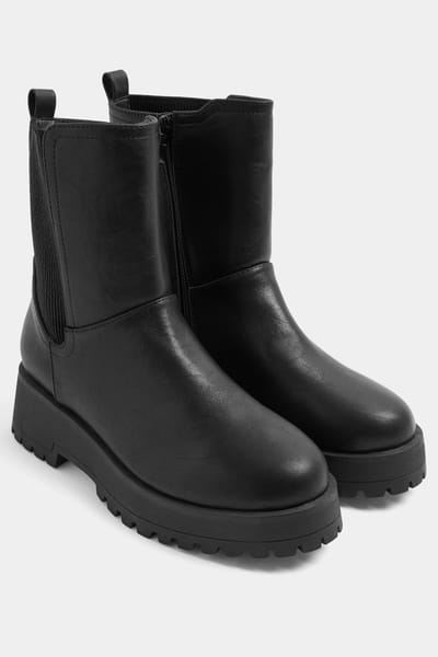Yours Zwarte Imitatieleren Massieve Chelsealaarzen In Brede Epasvormsize 37EEE
