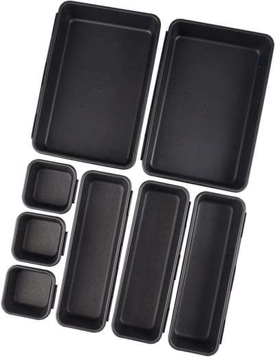 Zwarte Ladenorganisator Set van 8 Stuks, Kunststof Opbergdozen met Antislipmatten voor Badkamer, Keuken en Kantoor, Ideaal voor Make-Up en Kleine Spullen