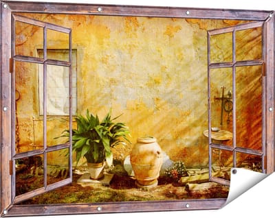 Gards Tuinposter Doorkijk Oude Stenen Muur - 120x80 cm - Tuindoek - Tuindecoratie - Wanddecoratie buiten - Tuinschilderij