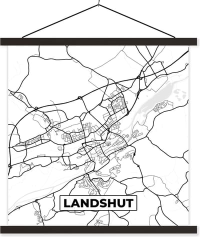 Posterhanger incl. Poster 60x60 cm - Schoolplaat - Landshut - Stadskaart - Kaart - Plattegrond - Textielposter - Zwarte latten - Stadskaart