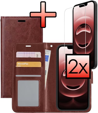 Hoesje - Met 2x Screenprotector - Geschikt voor Apple iPhone 16e / 17e - Luxe Pasjeshouder - Bookcase Portemonee - Flip Case - Kunstleer Book Case - Flipcase Hoes - Book Cover - Walletcase - Portemonneehoes - Bruin