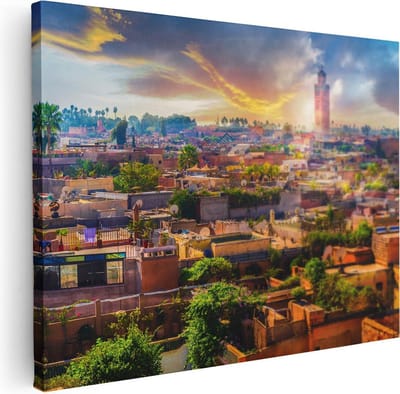 Artaza Canvas Schilderij Skyline Marokko - 40x30 cm - Klein - Wanddecoratie Zonsondergang - Muurdecoratie Stad - Kamer Accessoires Woonkamer